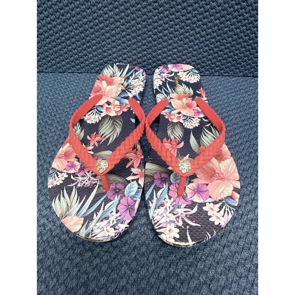 TOMMY BAHAMA Navy Floral Print Thong Womens Sandal Size 9/10